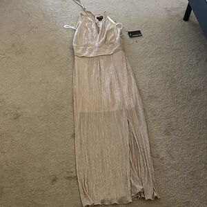 Enfocus Studio Metallic Champagne Pleated Maxi Dress with Side Slit